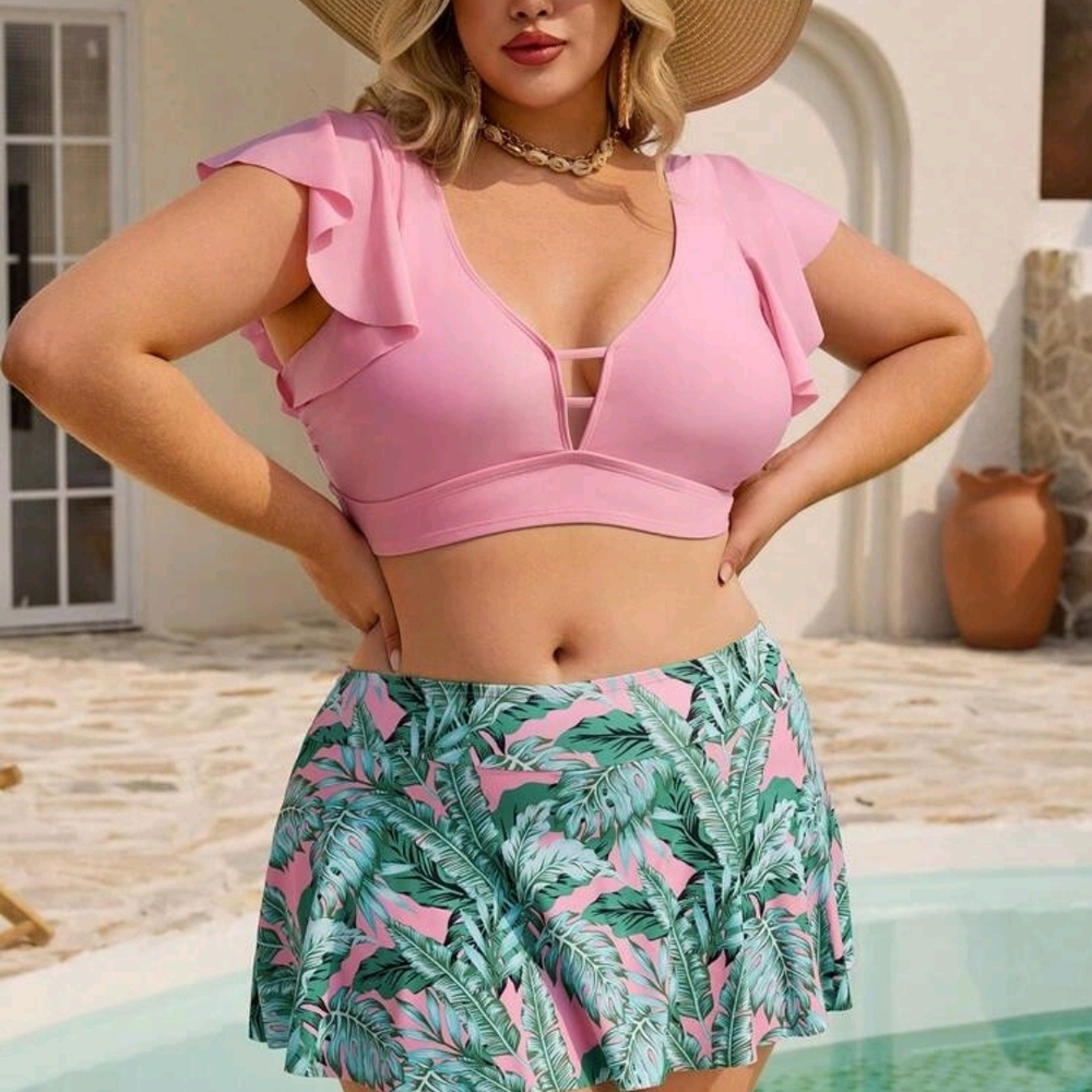 Shein Curve+ Pink Ruffle Sleeve Swim Top with Tropical Skirt 30w